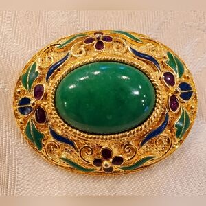 Vintage Gold Plated Enamel Brooch With Green Stone